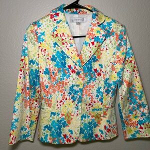 Tahari Red and Orange Blazer Vibrant Floral Pattern